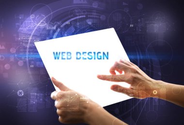 El işi fütüristik tablet, teknoloji konsepti.