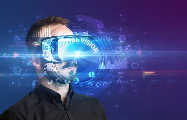 Businessman looking through VR glasses — Stock Photo, Image