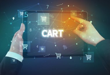 Alışveriş yazısıyla el ele tutuşma tabletinin yakın çekimi