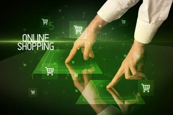 Online vásárlási koncepció bevásárlókosár ikonokkal — Stock Fotó