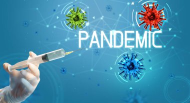 Şırınga, elinde tıbbi enjeksiyon, koronavirüs aşısı konsepti.