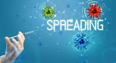 Şırınga, elinde tıbbi enjeksiyon, koronavirüs aşısı konsepti.