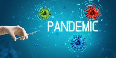 Şırınga, elinde tıbbi enjeksiyon, koronavirüs aşısı konsepti.