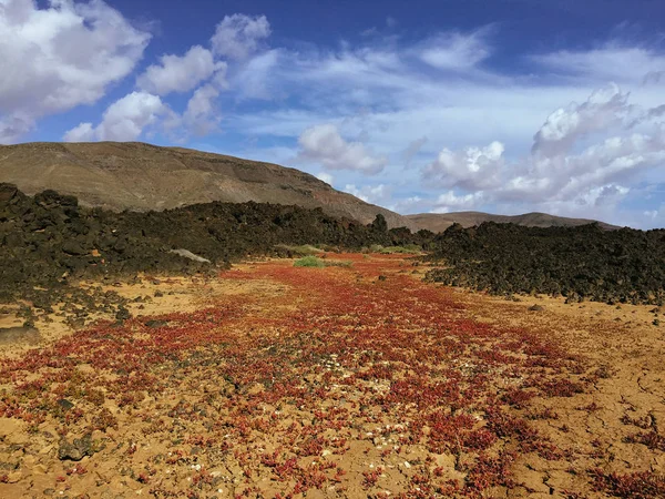 Bela vista para o deserto vermelho enferrujado, montanhas distantes na ilha de Fuerteventura, Canárias, Espanha — Fotografia de Stock