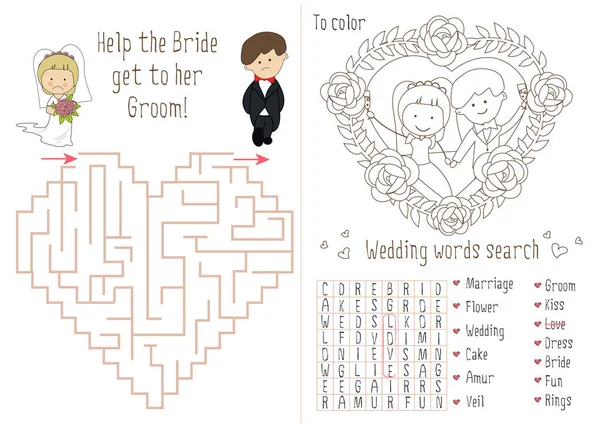 Hochzeitsaktivitätsbuch für Kinder. das Labyrinth-Herz. — Stockvektor