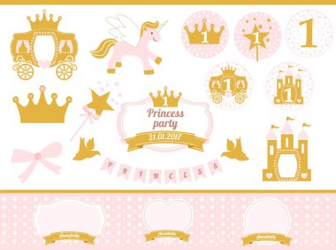 Pink and gold princess party decor. Cute happy birthday card template elements. vector