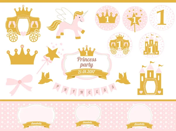 핑크와 골드 공주 파티 장식입니다. 귀여운 생일 카드 서식 파일 요소. — 스톡 벡터
