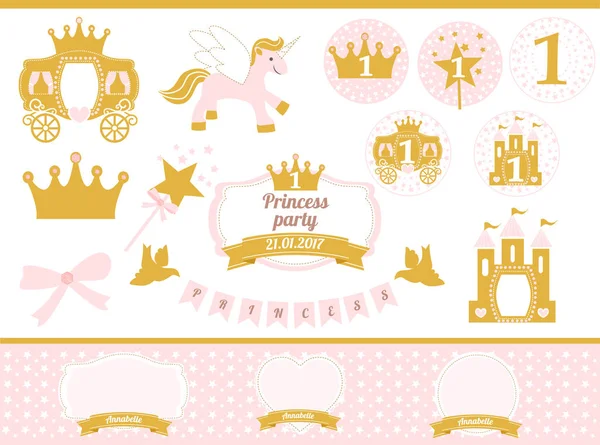 Pink and gold princess party decor. Cute happy birthday card template elements. Stock Vector