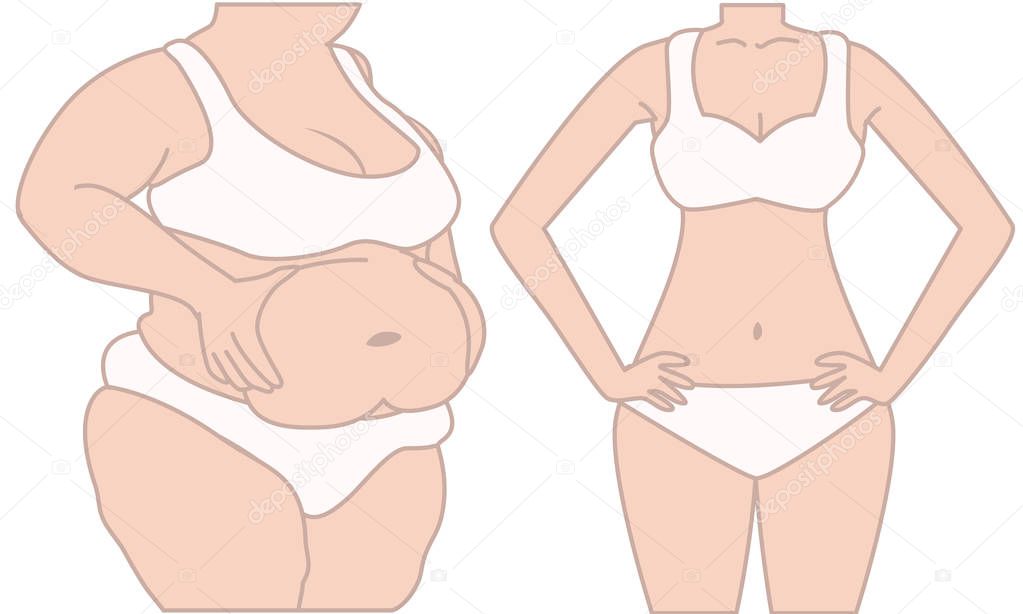 Woman before and after diet weigh loss.