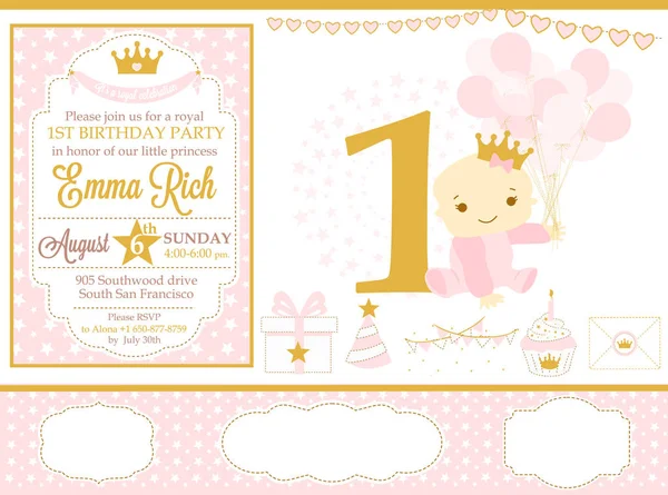 Rosa und gold Prinzessin Party-Dekor. niedlichen Happy Birthday Kartenvorlagen Elemente. — Stockvektor