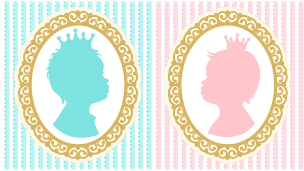 Σιλουέτες των μικρή πριγκίπισσα και πρίγκιπας με κορώνες. — Διανυσματικό Αρχείο