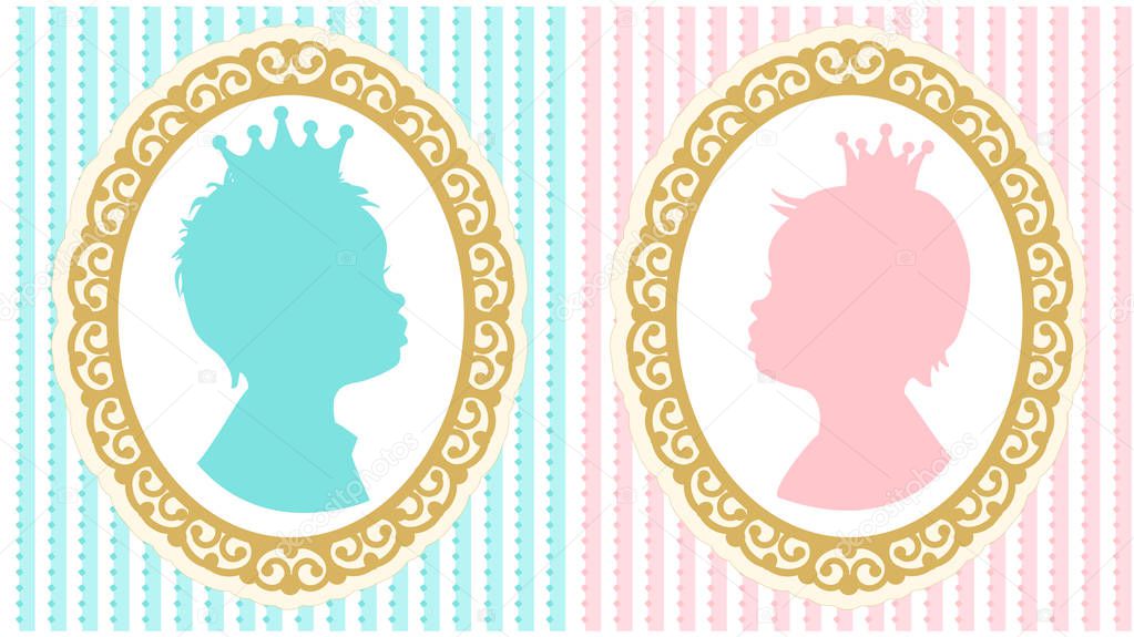 Silhouettes of little princess and prince with crowns. 