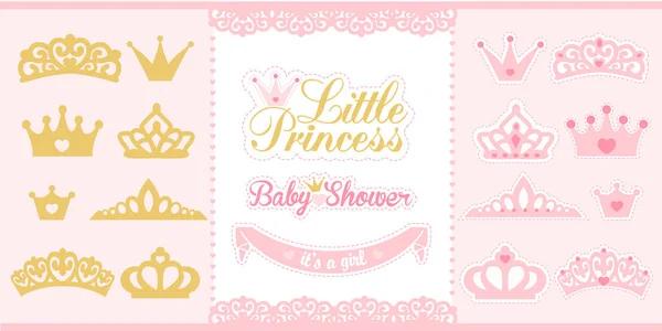 Gold and pink crowns set. Little princess design elements. — Stock Vector