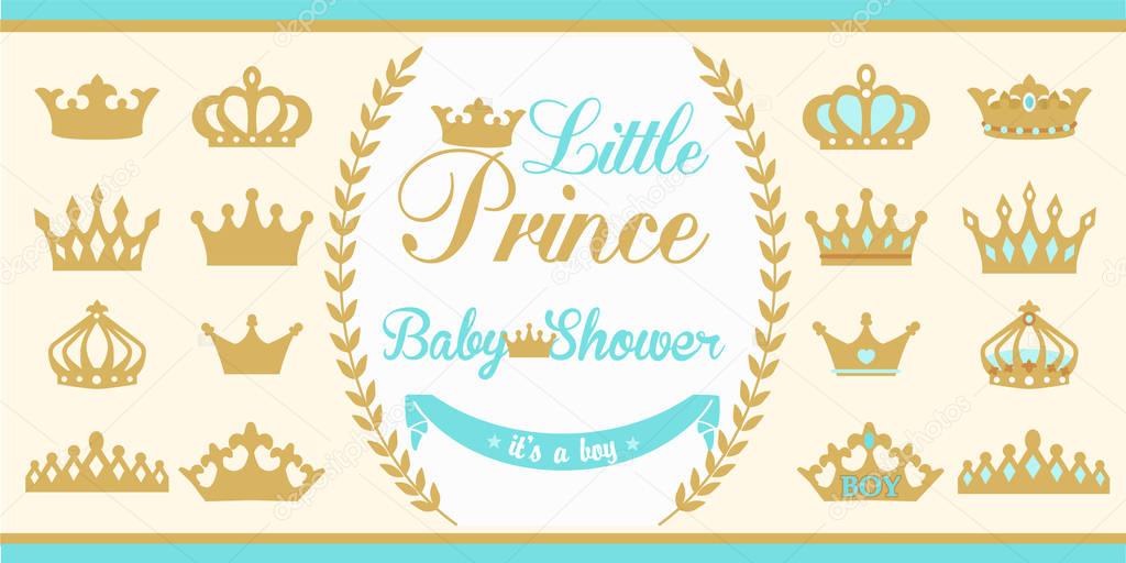Gold and blue crowns set. Little prince design elements.