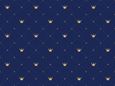 Navy blue seamless pattern in retro style with a gold crown.