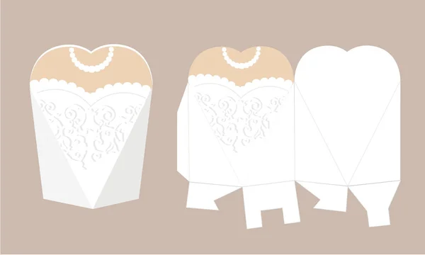 Robe de mariée élégante avec dentelle. Boîte de robe de mariée. Emballage imprimable. Mariée - boîte de faveur blanche . — Image vectorielle