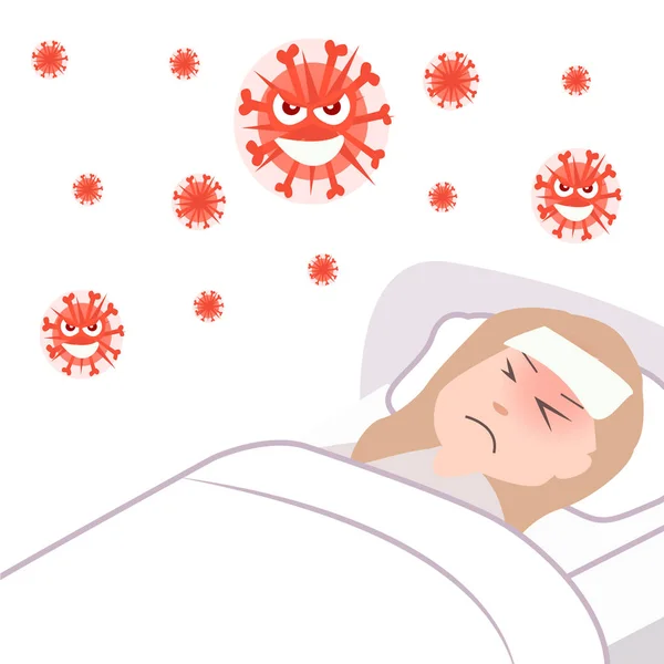 Lány Immunitás Fertőzött Influenza Szezon Vektor Rajzfilm Illusztráció Fájó Ágyban — Stock Vector