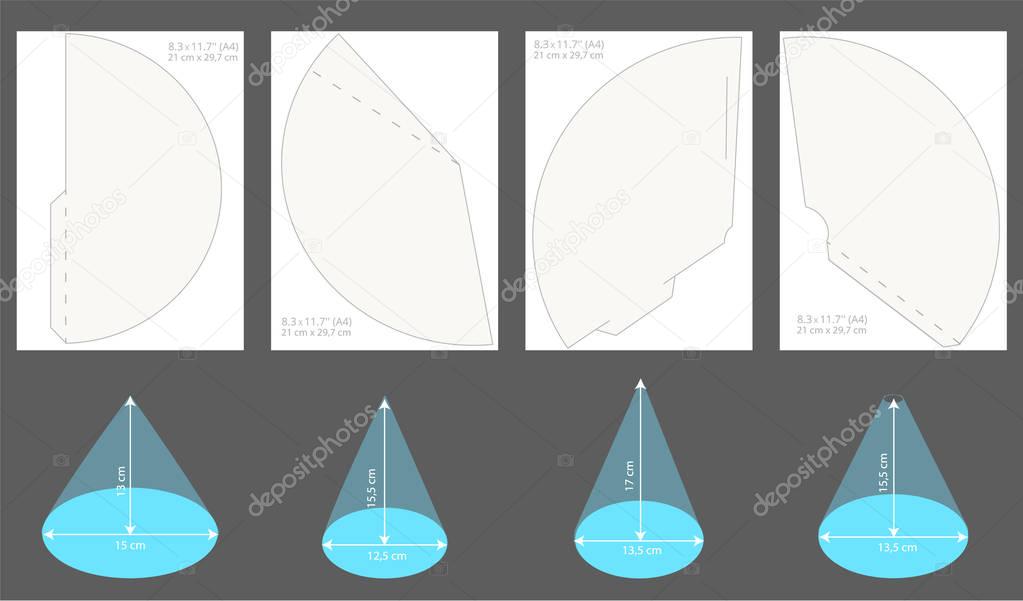 Set of printable party hats. Vector cones template to head for a holiday. Kids birthday, baby shower, christmas printable mockup for paper die. Print and cut. Cardstock cap layout construction