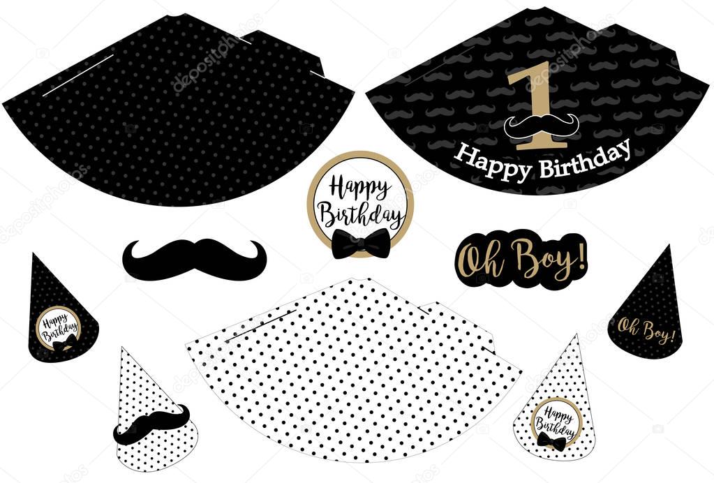 Little man printable hats. Black, white, golden mustache pattern. Print and cut. Vector cones template to head for a party (birthday, baby shower, it is a boy). Vintage modern style. First happy birth