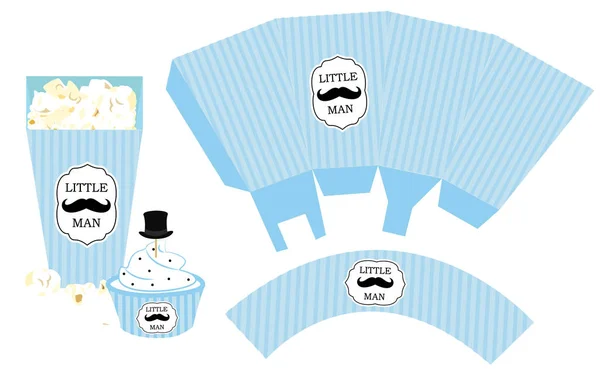 Popcorn Pappkartong Cupcake Wrapper Utskrivbara Mall För Lillens Födelsedagsfest Baby — Stock vektor