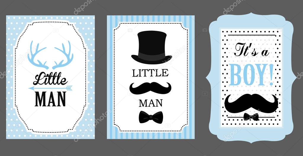 Little man birthday party. Baby shower party. Vector poster: bow tie, hat and mustache design elements. Black, blue, white - classic pattern. Set of boy's invitation (badge, sticker, frame) templates.