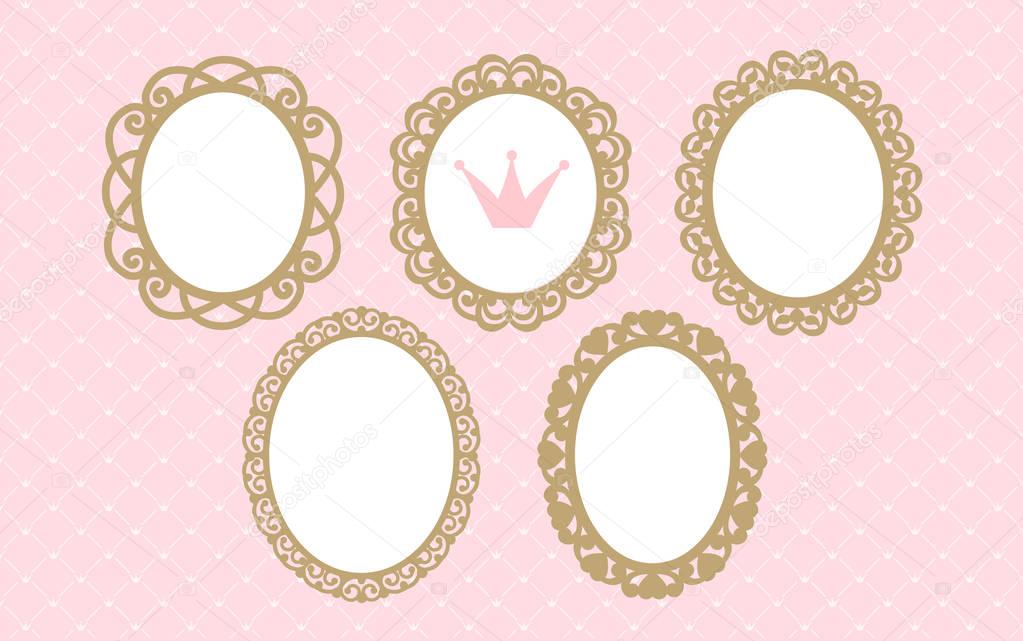 Set of laser cut vector oval frames. Templates can be used for decoration invite party ( wedding, baby shower, birthday) card. Vintage royal gold elements of design. Borders for laser cutting. Girlish