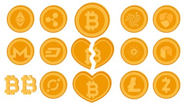 Altın vektör bitcoin sikke bölünmüş. Kripto para birimi logo sikkeleri ayarlayın. Cryptocurrency Pazar olarak büyük harfle yazılanları kavramı. Dijital sanal para. Beyaz arka plan üzerinde izole Finans işareti gösteren resim.