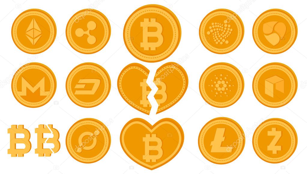 Golden vector divided bitcoin coin. Set of crypto currency logo coins. Cryptocurrency Market Capitalizations concept. Digital virtual money. Illustration of finance sign isolated on white background.