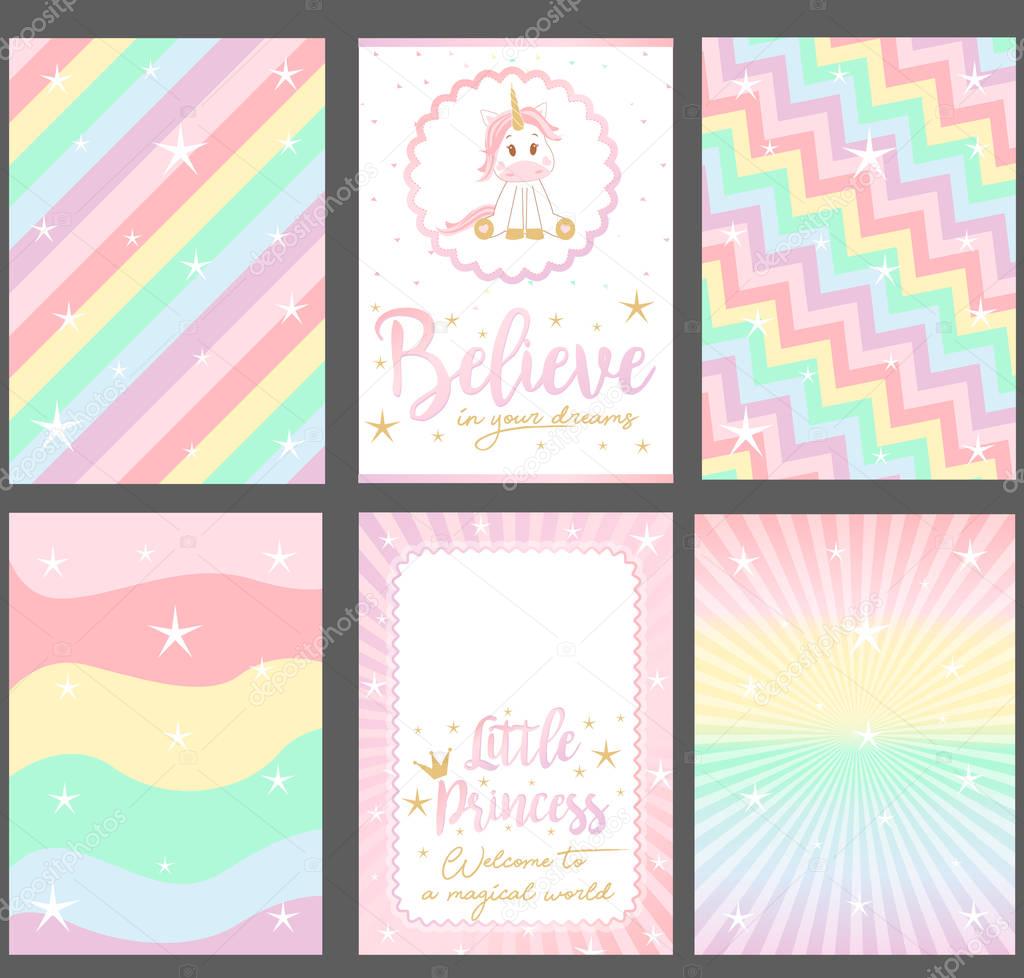 Set of colored pastel vector cards for party invitation. Rainbow background.