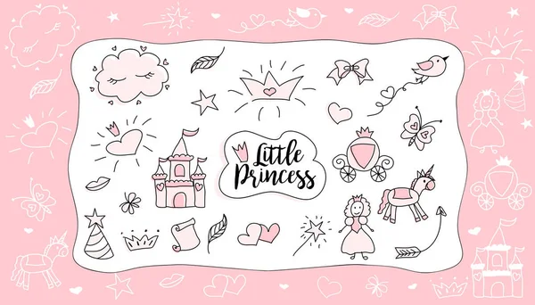 Desenhos Infantis Pequena Princesa Conjunto Doodle Ilustração Desenhado Mão Projeto — Vetor de Stock