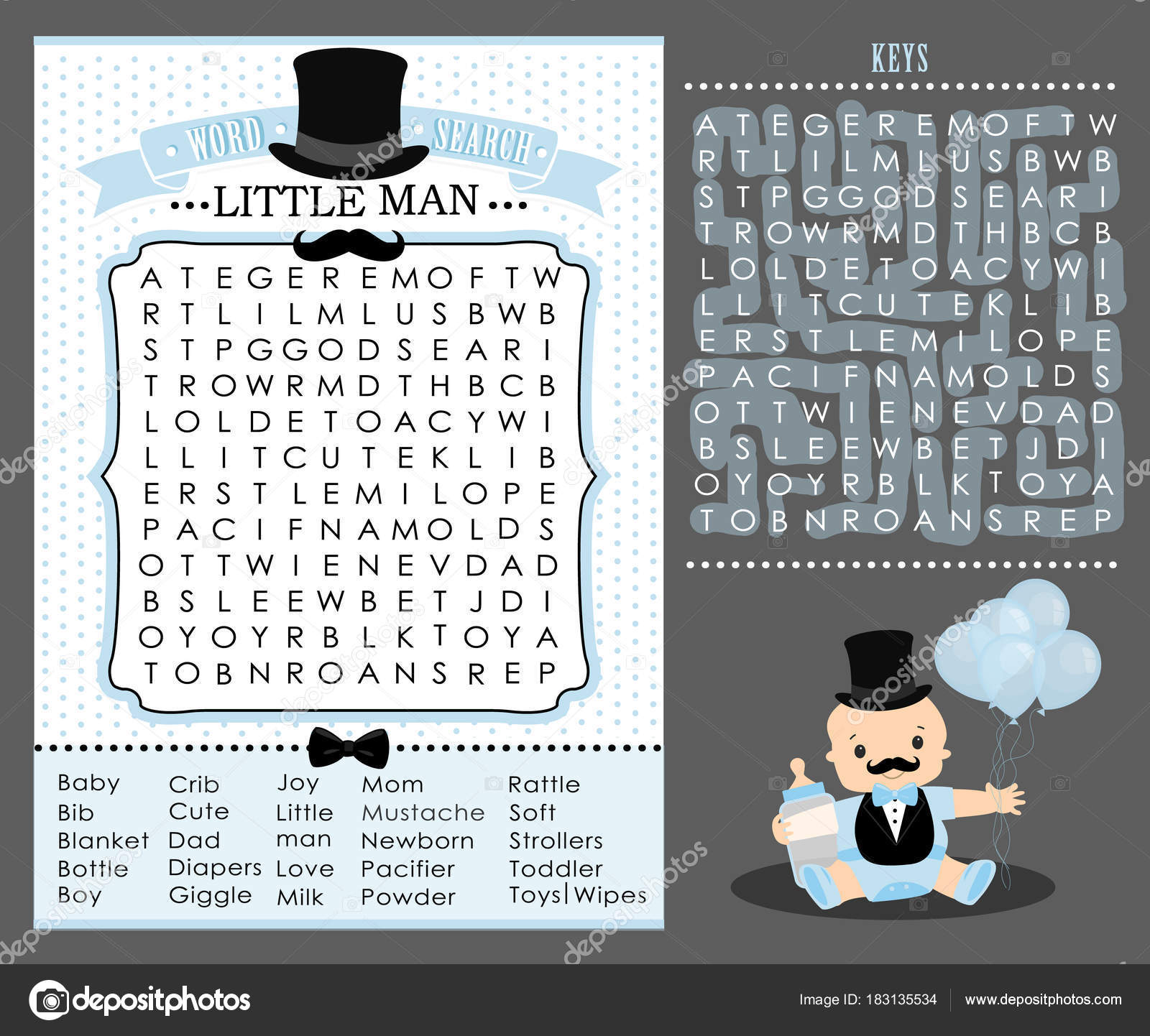 Little Man Party Game First Birthday Baby Shower Word Search Stock