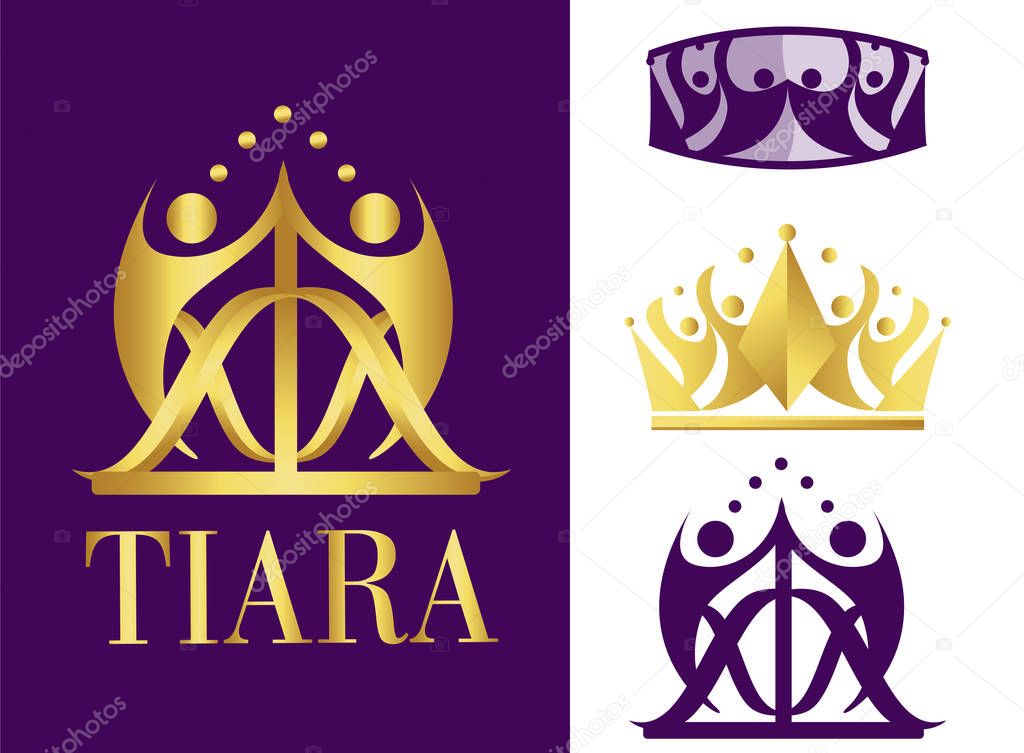 Royal golden logotype. Business company logo. Corporate identity design element. Crown with abstract arrow. Symbol of growth, community, progress and team building. People with nature, healthy with leaf