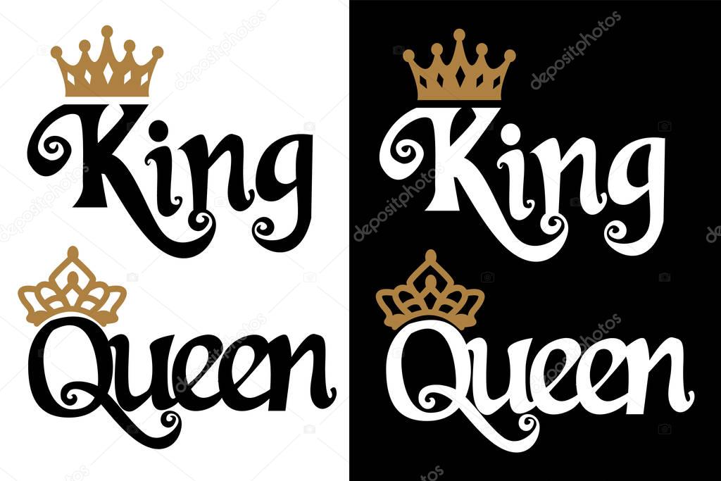King and queen - couple design. Black text and gold crown isolated on white background. Can be used for printable souvenirs ( t-shirt, pillow, magnet, mug, cup). Icon of wedding invitation.Royal love