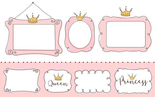 かわいい落書き鏡のセット デザインのプリンセス ベクター要素 ピンクのフレームの王冠 ティアラ 手描きをスケッチします 子供の写真 招待状誕生日のテンプレート ベビー シャワーの女の子カード — ストックベクタ