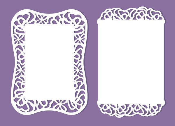 Paper template invitation ( baby shower, wedding, birthday, baptism) Greeting card women's day. Set of laser cutting vector design frame. White cut paper flower on purple background. Roses for mommy