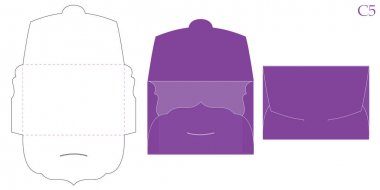 Vektör zarf. Bir arka plan üzerinde izole mor açılan zarf. Mockup düğün davetiye kartı için ambalaj, doğum günü tebrik dekoratif. Boş şablon. Yazdırma die kesti. Kesme Katlama girdap flep ile