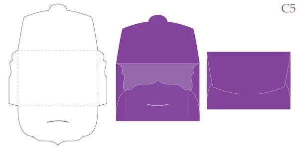 矢量信封 紫色打开的信封被隔离在背景上 婚礼请柬装饰包装样机 生日问候 空模板 打印模切 带旋流襟翼的切口折叠 — 图库矢量图片