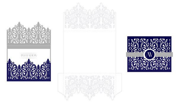 Wedding elegant invitation card packaging template. Mockup for laser cutting. Vector royal envelope. Classic navy blue isolated on a background. Decorative damask invite cut out. Lace for princess