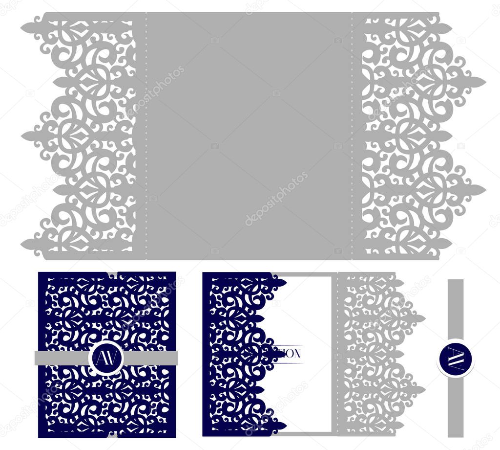 Wedding elegant invitation card packaging template. Mockup for laser cutting. Vector royal envelope. Classic navy blue isolated on a background. Decorative damask invite cut out. Lace for queen