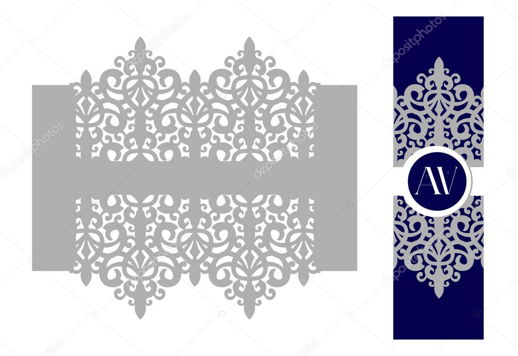 Napkin ring. Holder for scroll invitation. Laser cut lace for wedding invite card. Royal graphic design. Classic elegant decoration candle, bottle. Prince and princess baby shower ( birthday) vector