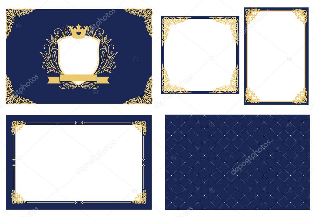Set of vector picture frame. Dark navy blue with gold. Decorative corner. Coat of arms for little prince photo with crown. Royal design card. Invitation template for baby shower, birthday, wedding.