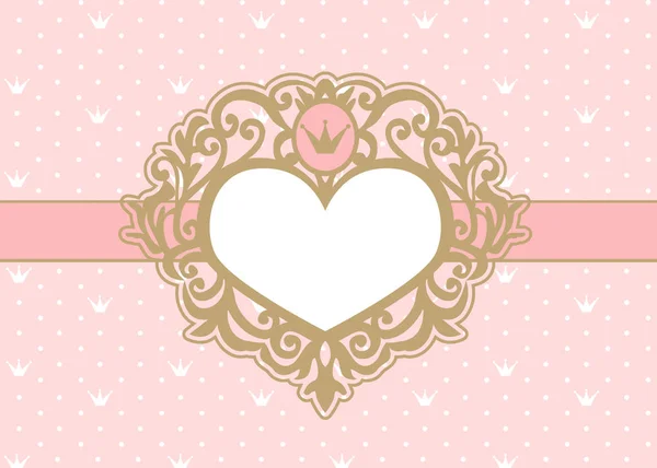 可爱的粉红色背景与波尔卡点和皇冠 豪华金相框中的一颗心形 公主皇家邀请卡 婴儿送礼会 矢量图片边框 复古镜 — 图库矢量图片