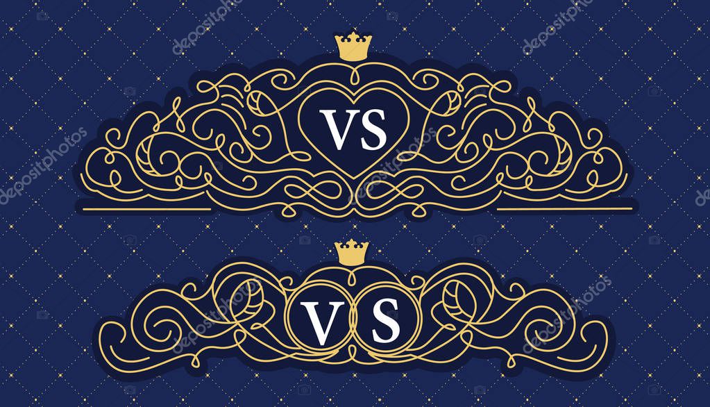 Navy blue with golden line. Decorative ornament frame for wedding monogram. Vector logo for invitation card. Royal luxury elements of design. Place for initials. Label template. Prince background