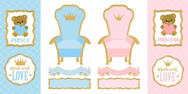 Silla Trono Para Princesa Príncipe Conjunto Lindos Elementos Vectoriales Diseño — Vector de stock