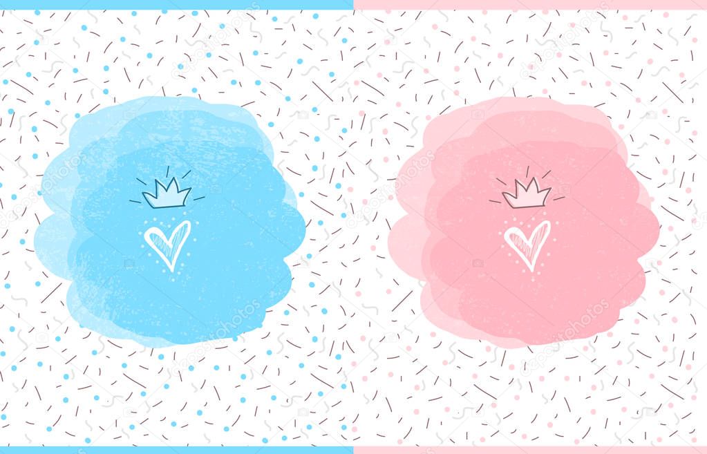 Cute vector watercolor splash. Doodle heart with hand drawn crown. Illustration for kid design ( t-shirt, mug, invite) Pattern for party decoration. Prince and princess gender reveal, pink and blue.