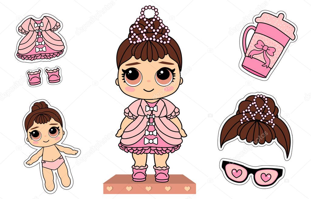 Cute vector little princess doll. Pink dress, white bows, glitter elegant pearl tiara. Surprised girl with brunette hair. Paper lol funny sticky cloth. Photo booth props: bottle, glasses heart eyes