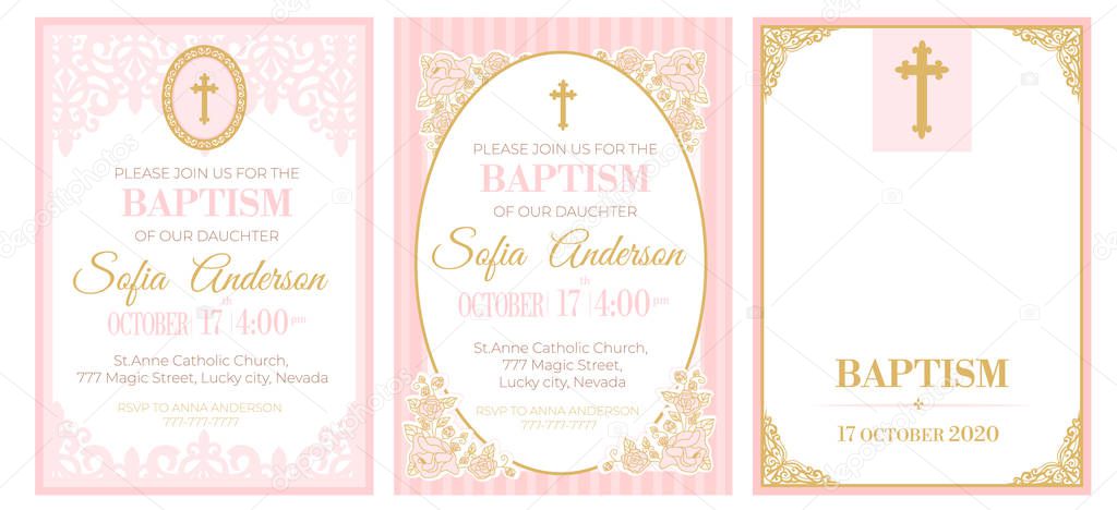 A set of cute pink templates for Baptism invitations. Vintage rose lace frame with golden cross. Girl christening ceremony. A little princess party. Baby shower, wedding, girl birthday invite A5 card