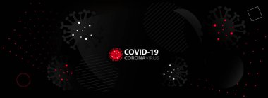 Coronavirus (Covid-19) sosyal medya için siyah arka plan. Kırmızı, beyaz noktalı minimum geometrik, 3 boyutlu grip virüsü. Dünya çapında salgın var. Akışkan metin pankartı 2020 durum güncellemesi