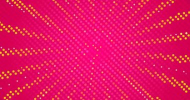 4k kusursuz döngülü animasyon pembe pop sanat geçmişi. Sarı güneş ışınları. Polka nokta deseni dönüyor. Güneşli yaz çocuğu komik afişi. Merkezde güneş patlaması. 3D metin doğum günü partisi arkaplanı