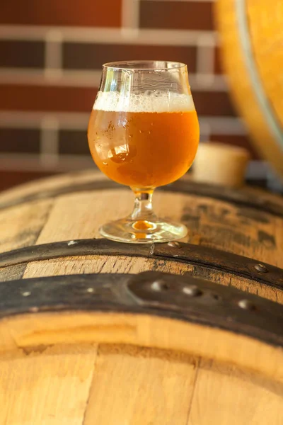 Light beer on a barrel — Stock Photo, Image